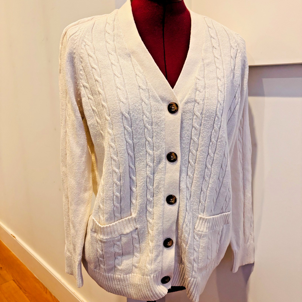 Cable Knit Cardigan Sweater Lands End Womens Medium Cream Tortoise Button Preppy